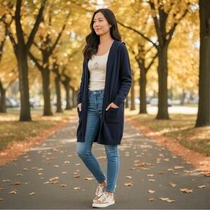 Verve Ami Knit Cardigan Long Navy Blue Hood and Front Pockets Size Medium